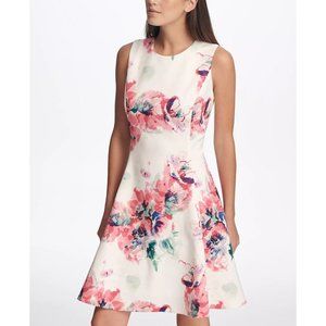 DKNY Ladies Floral Scuba Dress Size 14 Fit And Flare Back Zip Sleeveless Stretch